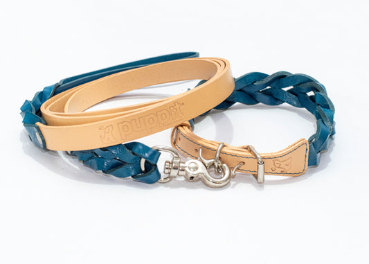 Smooth Natural/Blue Leash &amp; Collar Set